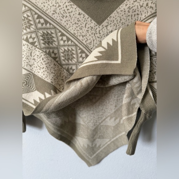 Boho Geometric Knit Poncho Sweater | Button Cowl Neck | Neutral Tan - Picture 4 of 11